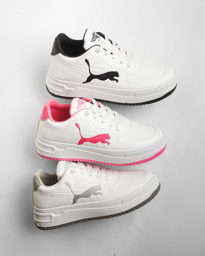 Side Printed Lace-Up White Flat Sneakers For Women