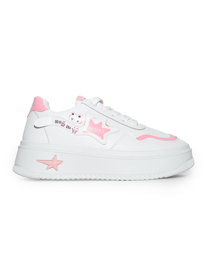 6833 - Side Printed Lace-Up White Flat Sneakers For Women