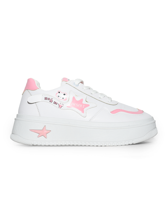 6833 - Side Printed Lace-Up White Flat Sneakers For Women
