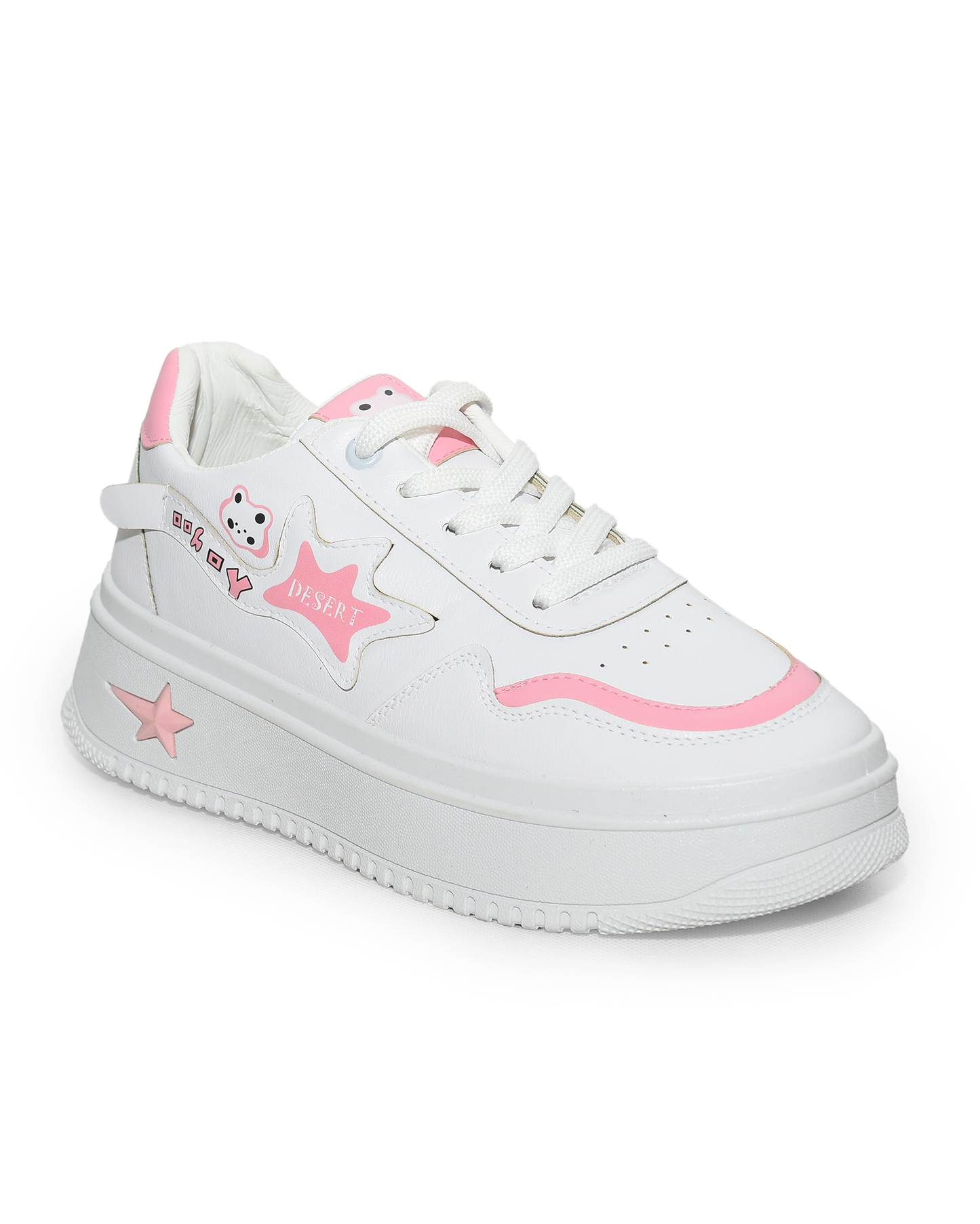 6833 - Side Printed Lace-Up White Flat Sneakers For Women