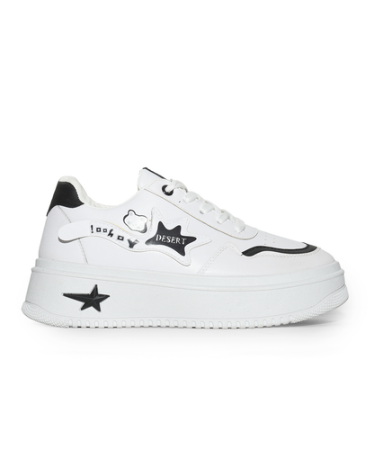 6833 - Side Printed Lace-Up White Flat Sneakers For Women