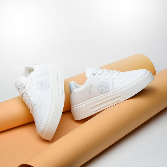 Side Printed Lace-Up White Flat Sneakers For Women